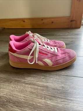 Reebok Pink Suede Low-Top Sneakers with Cream Stripes